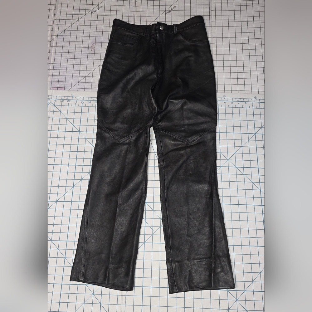 Women's Silver Star Black Leather Motorcycle Biker Straight Leg Pants,‎ 80s, Vtg